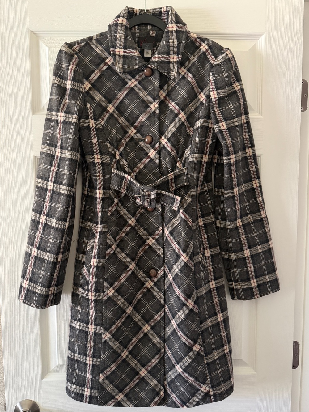 VIA Grey Plaid Wool Belted Coat